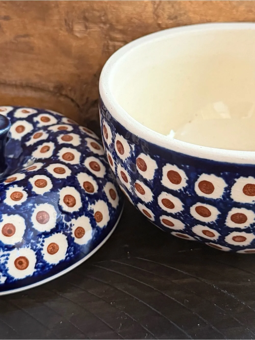 Hand-Painted Blue & White Ceramic Lidded Polish Apple Bakers Pair